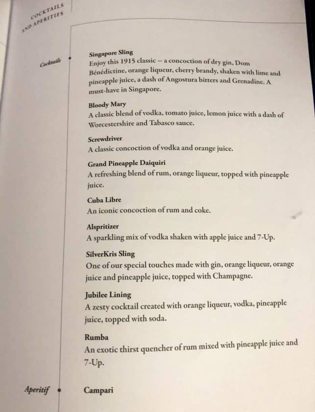 Singapore Airlines A350 Business Class Speisekarte Cocktails